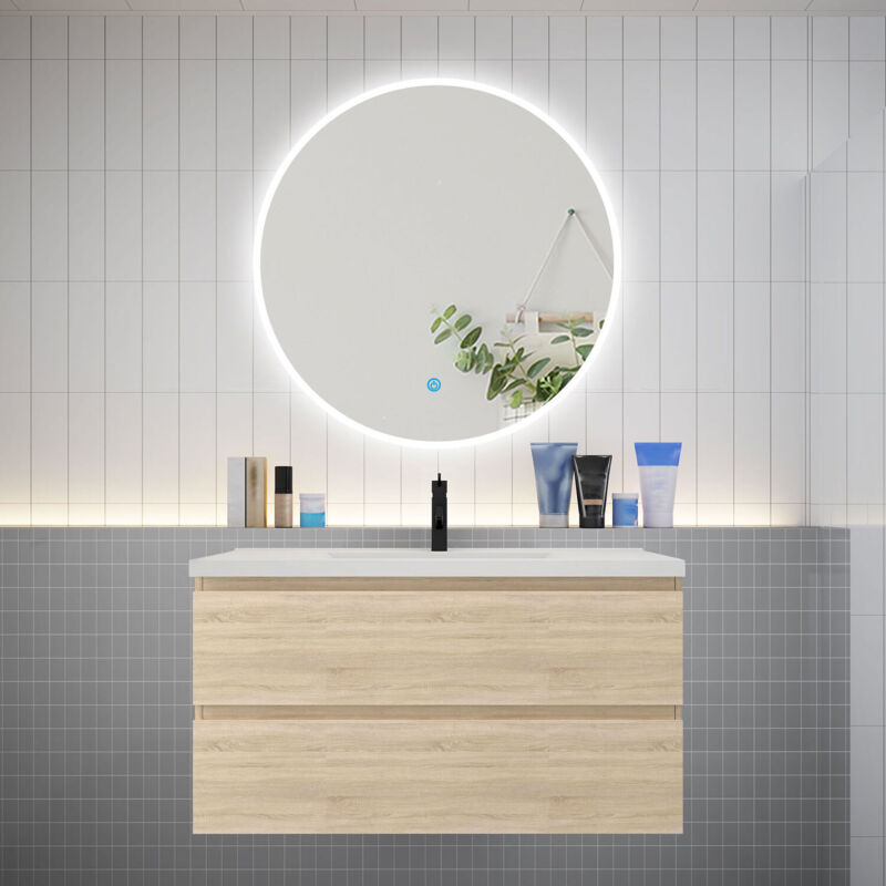 Ensemble meuble vasque L.99cm 2 tiroirs + lavabo + LED miroir rond 90cm,chêne，easy