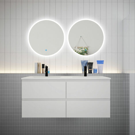 AICA Ensemble meuble double vasque L.120cm 4 tiroirs + lavabo + 2 LED miroirs rond 60cm blanc