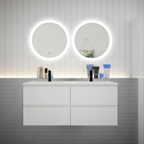 AICA Ensemble meuble double vasque L.120cm 4 tiroirs + lavabo + 2 LED miroirs rond 60cm blanc1