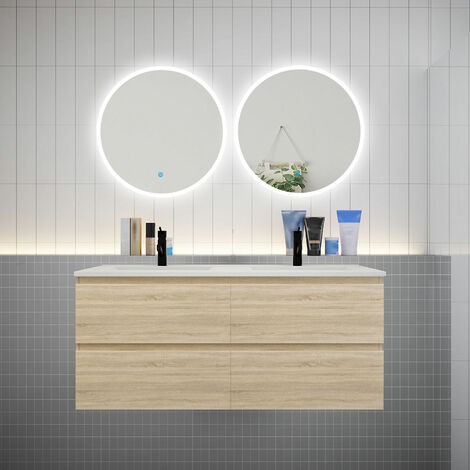 AICA Ensemble meuble double vasque L.120cm 4 tiroirs + lavabo + 2 LED miroirs rond 60cm chêne