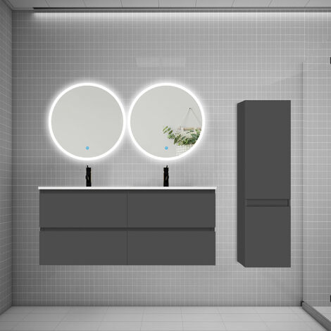 AICA Ensemble meuble double vasque L.120cm 4 tiroirs + lavabo + 2LED miroirs rond 60cm + colonne B anthracite