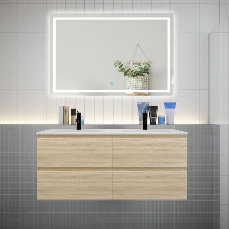 AICA Ensemble meuble double vasque L.120cm 4 tiroirs + lavabo + LED miroir chêne