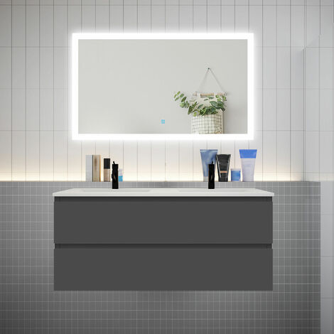 AICA Ensemble meuble double vasque L.120cm anthracite 4 tiroirs + led miroir + lavabo