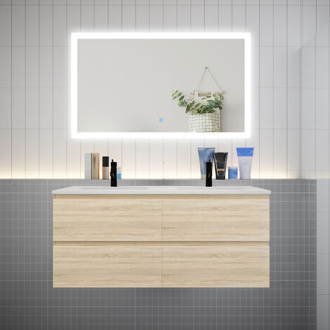 AICA Ensemble meuble double vasque L.120cm chêne 4 tiroirs + led miroir + lavabo