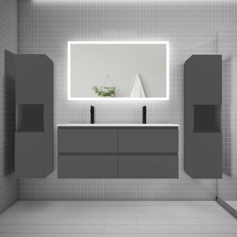 AICA Ensemble meuble double vasque L.120cm + lavabo + LED miroir + 2colonne anthracite aica
