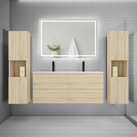 AICA Ensemble meuble double vasque L.120cm + lavabo + LED miroir + 2colonne chêne
