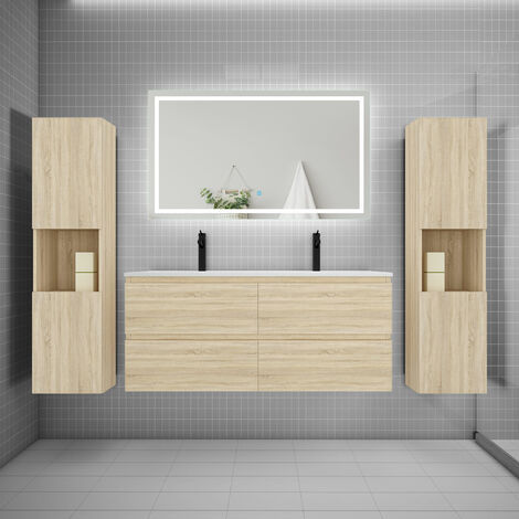 AICA Ensemble meuble double vasque L.120cm + lavabo + LED miroir + 2colonne chêne C