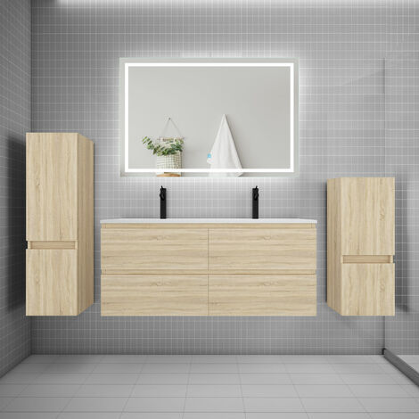 AICA Ensemble meuble double vasque L.120cm + lavabo + LED miroir + 2colonne chêne design