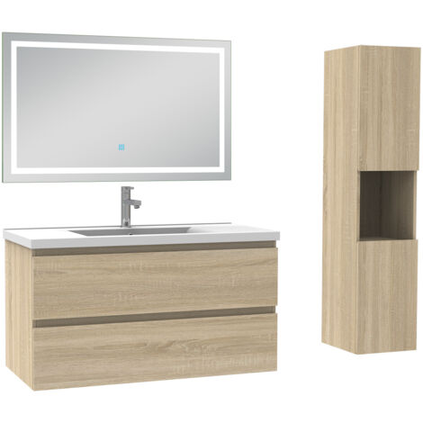 AICA Ensemble Meuble salle de Bain 100cm avec colonne et miroir 3 couleurs Chêne
