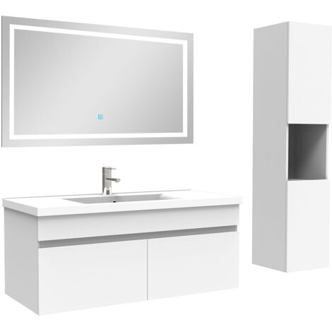AICA Ensemble Meuble salle de Bain 100cm avec colonne + miroir 3 couleurs Blanc