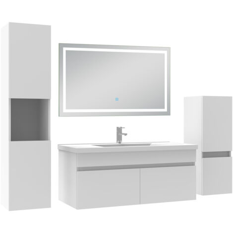 AICA Ensemble Meuble salle de Bain 100cm avec colonne + miroir mural lumineux 3 couleurs Blanc