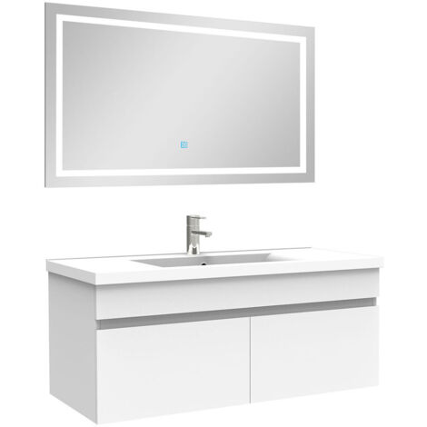 AICA Ensemble Meuble Salle de Bain 100cm Blanc simple vasque + miroir lumineux 3 couleurs + dimmable