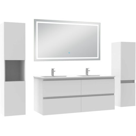 AICA Ensemble Meuble Salle de Bain 120cm avec colonne et miroir lumineux 3 couleurs Blanc