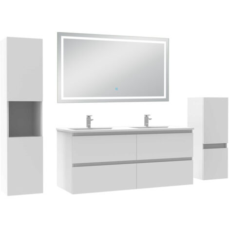 AICA Ensemble Meuble salle de Bain 120cm avec colonne et miroir mural lumineux 3 couleurs Blanc