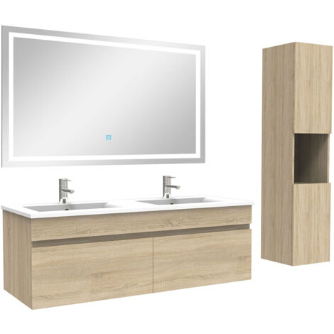 AICA Ensemble Meuble salle de Bain 120cm avec colonne + miroir 3 couleurs Chêne