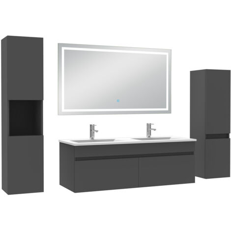 AICA Ensemble Meuble Salle de Bain 120cm avec colonne + miroir lumineux 3 couleurs Anthracite