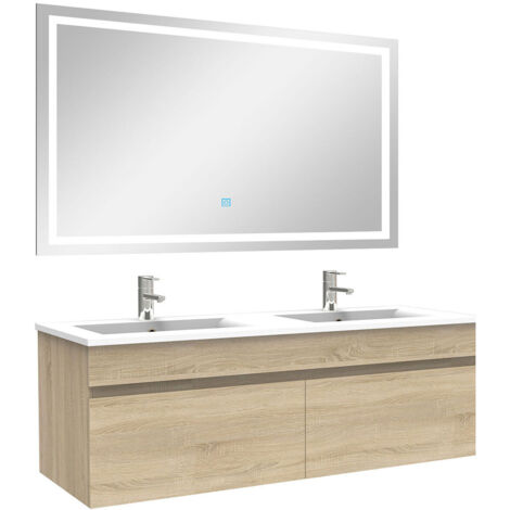 AICA Ensemble Meuble Salle de Bain 120cm Chêne double vasque + miroir lumineux 3 couleurs + dimmable