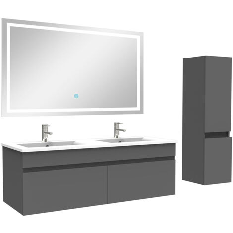 AICA Ensemble Meuble salle de Bain 120cm double vasque avec colonne + miroir 3 couleurs Anthracite