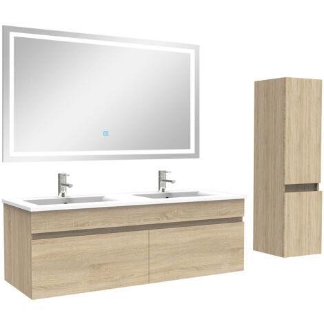 AICA Ensemble Meuble salle de Bain 120cm double vasque avec colonne + miroir 3 couleurs Chêne