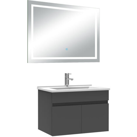 AICA Ensemble Meuble Salle de Bain 60cm Anthracite simple vasque + miroir lumineux 3 couleurs + dimmable