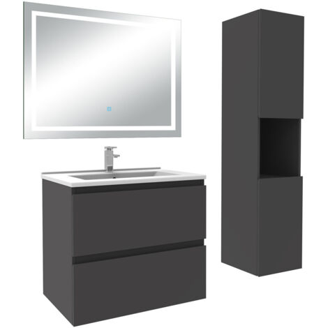 AICA Ensemble Meuble salle de Bain 60cm avec colonne et miroir 3 couleurs Anthracite