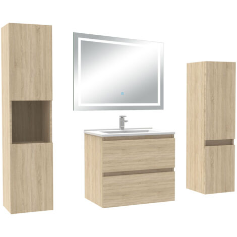 AICA Ensemble Meuble Salle de Bain 60cm avec colonne et miroir lumineux 3 couleurs Chêne