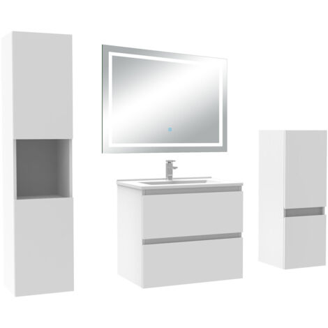 AICA Ensemble Meuble salle de Bain 60cm avec colonne et miroir mural lumineux 3 couleurs Blanc