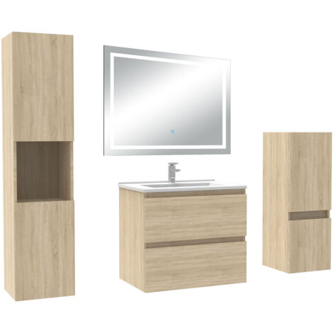 AICA Ensemble Meuble salle de Bain 60cm avec colonne et miroir mural lumineux 3 couleurs Chêne