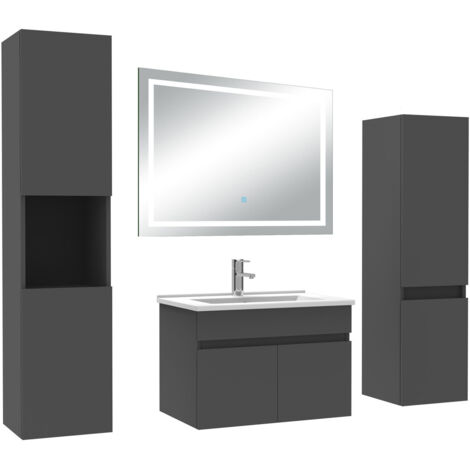 AICA Ensemble Meuble Salle de Bain 60cm avec colonne + miroir lumineux 3 couleurs Anthracite