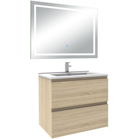 AICA Ensemble Meuble Salle de Bain 60cm Chêne simple vasque et miroir lumineux 3 couleurs et dimmable