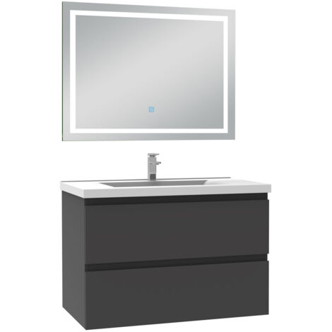AICA Ensemble Meuble Salle de Bain 80cm Anthracite simple vasque et miroir lumineux 3 couleurs et dimmable