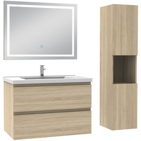 AICA Ensemble Meuble salle de Bain 80cm avec colonne et miroir 3 couleurs Chêne