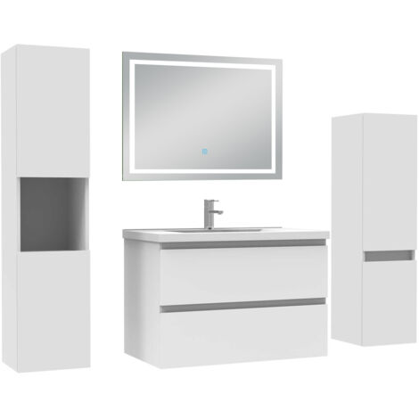 AICA Ensemble Meuble Salle de Bain 80cm avec colonne et miroir lumineux 3 couleurs Blanc