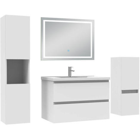 AICA Ensemble Meuble salle de Bain 80cm avec colonne et miroir mural lumineux 3 couleurs Blanc