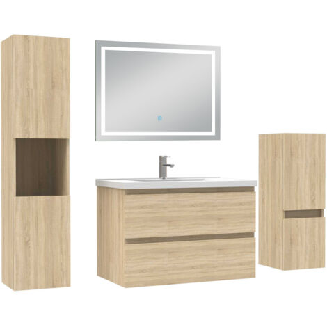 AICA Ensemble Meuble salle de Bain 80cm avec colonne et miroir mural lumineux 3 couleurs Chêne