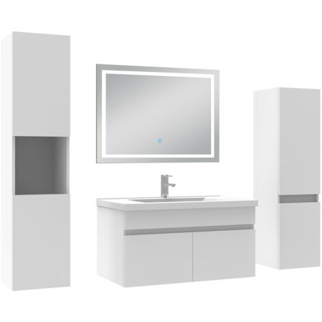 AICA Ensemble Meuble Salle de Bain 80cm avec colonne + miroir lumineux 3 couleurs Blanc