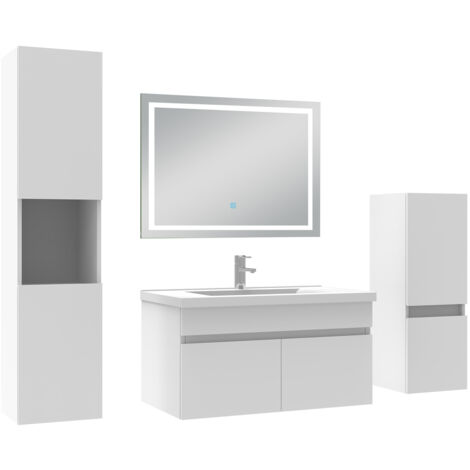 AICA Ensemble Meuble salle de Bain 80cm avec colonne + miroir mural lumineux 3 couleurs Blanc