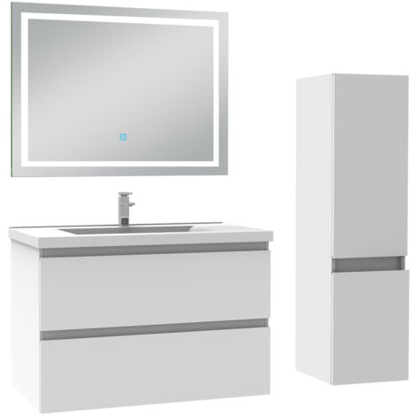 AICA Ensemble Meuble salle de Bain 80cm simple vasque avec colonne et miroir 3 couleurs Blanc