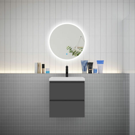 AICA Ensemble meuble vasque L.50cm 2 tiroirs + lavabo + LED miroir rond 60cm anthracite