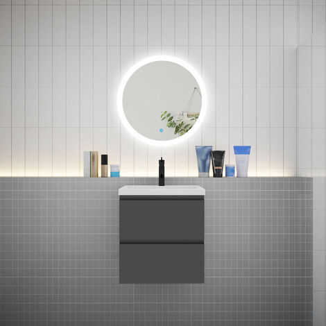 AICA Ensemble meuble vasque L.50cm 2 tiroirs + lavabo + LED miroir rond 60cm anthracite A