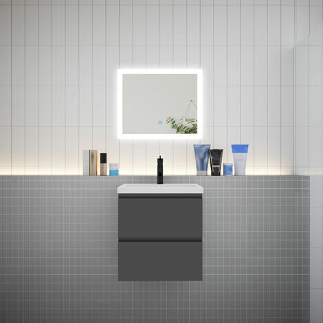 AICA Ensemble meuble vasque L.50cm anthracite 2 tiroirs + led miroir + lavabo