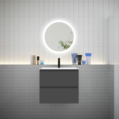 AICA Ensemble meuble vasque L.60cm 2 tiroirs + lavabo + LED miroir rond 60cm anthracite aica