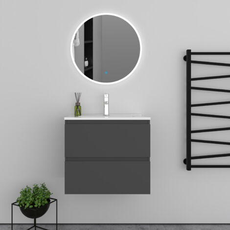 AICA Ensemble meuble vasque L.60cm 2 tiroirs + lavabo + LED miroir rond 60cm anthracite modèle A