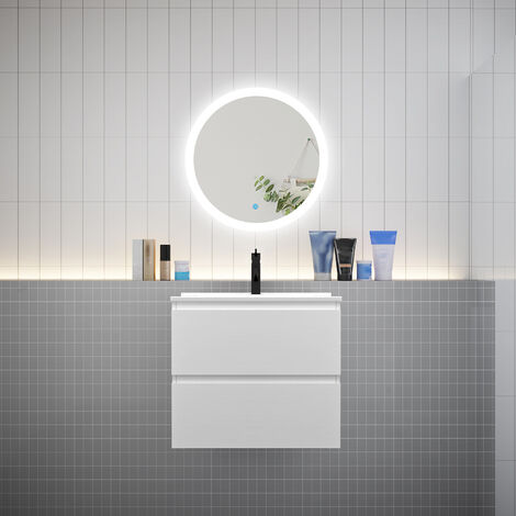 AICA Ensemble meuble vasque L.60cm 2 tiroirs + lavabo + LED miroir rond 60cm blanc aica