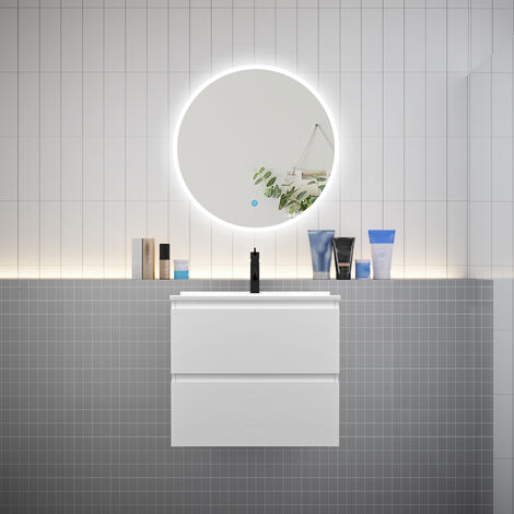 AICA Ensemble meuble vasque L.60cm 2 tiroirs + lavabo + LED miroir rond 70cm blanc