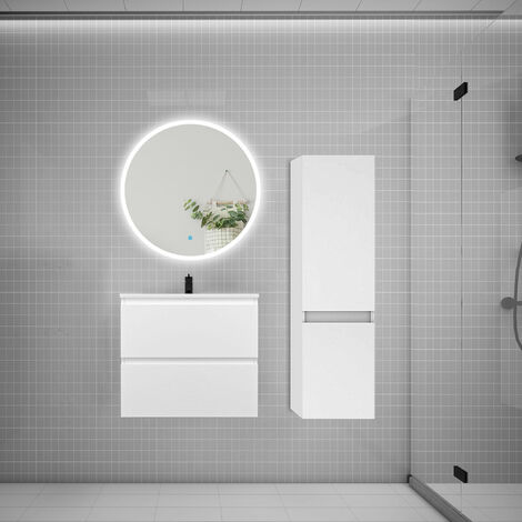 AICA Ensemble meuble vasque L.60cm 2 tiroirs + lavabo + LED miroir rond 70cm + colonne A blanc