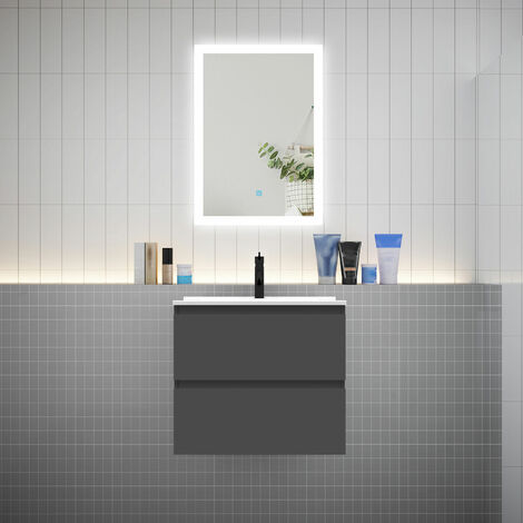 AICA Ensemble meuble vasque L.60cm anthracite 2 tiroirs + led miroir + lavabo