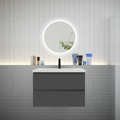 AICA Ensemble meuble vasque L.79cm 2 tiroirs + lavabo + LED miroir rond 60cm anthracite design