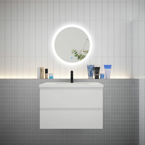 AICA Ensemble meuble vasque L.79cm 2 tiroirs + lavabo + LED miroir rond 60cm blanc design1