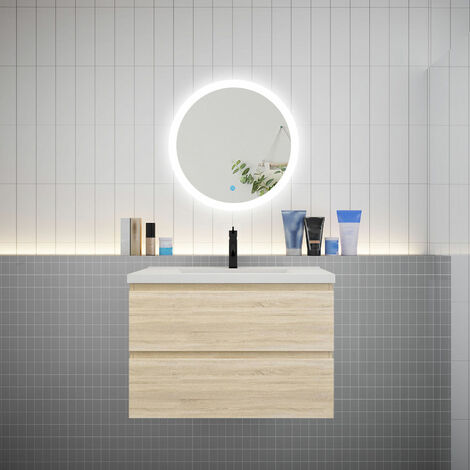 AICA Ensemble meuble vasque L.79cm 2 tiroirs + lavabo + LED miroir rond 60cm chêne design